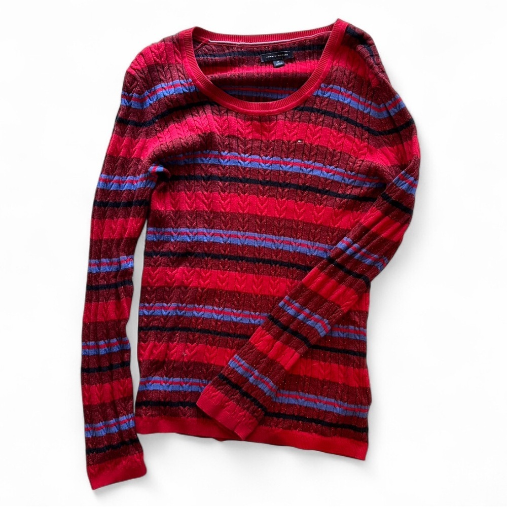 Y2K Style Tommy Hilfiger Cable Knit Striped Metallic Sweater